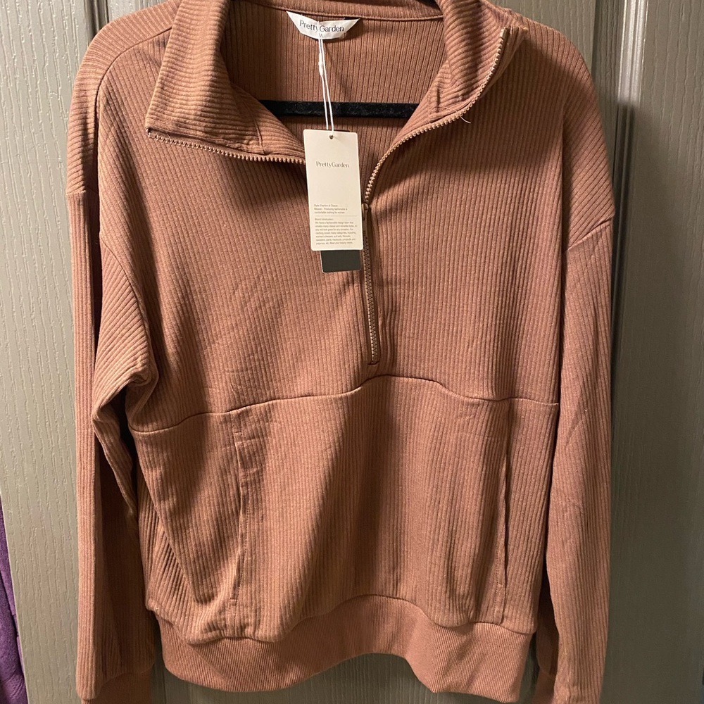 PrettyGarden Women's Tan Zip-Up Top